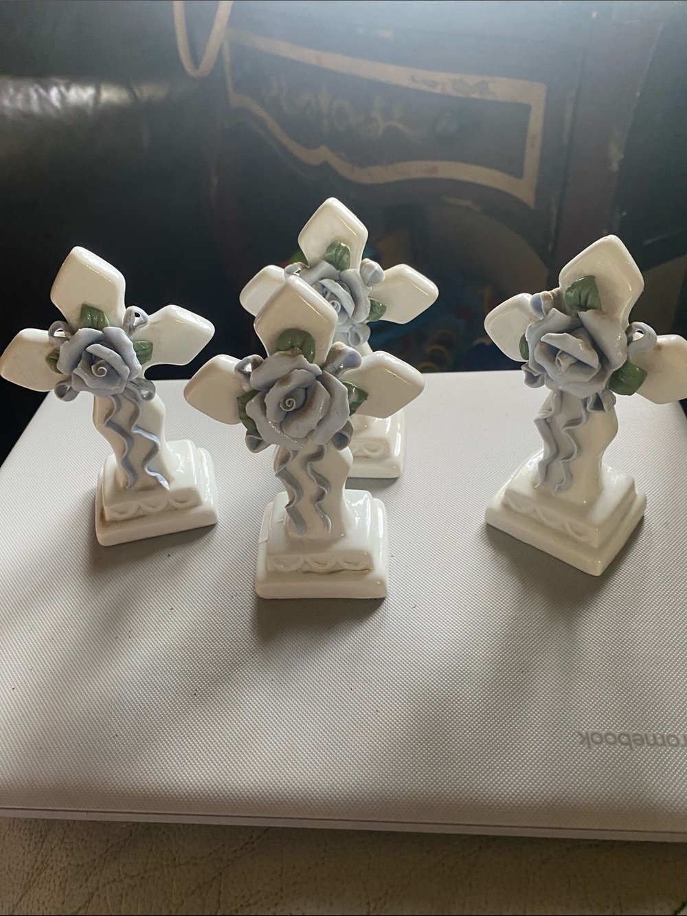 Set of 4 Vintage Porcelain Crosses with Light Blue Rose - Decorative Home Accent